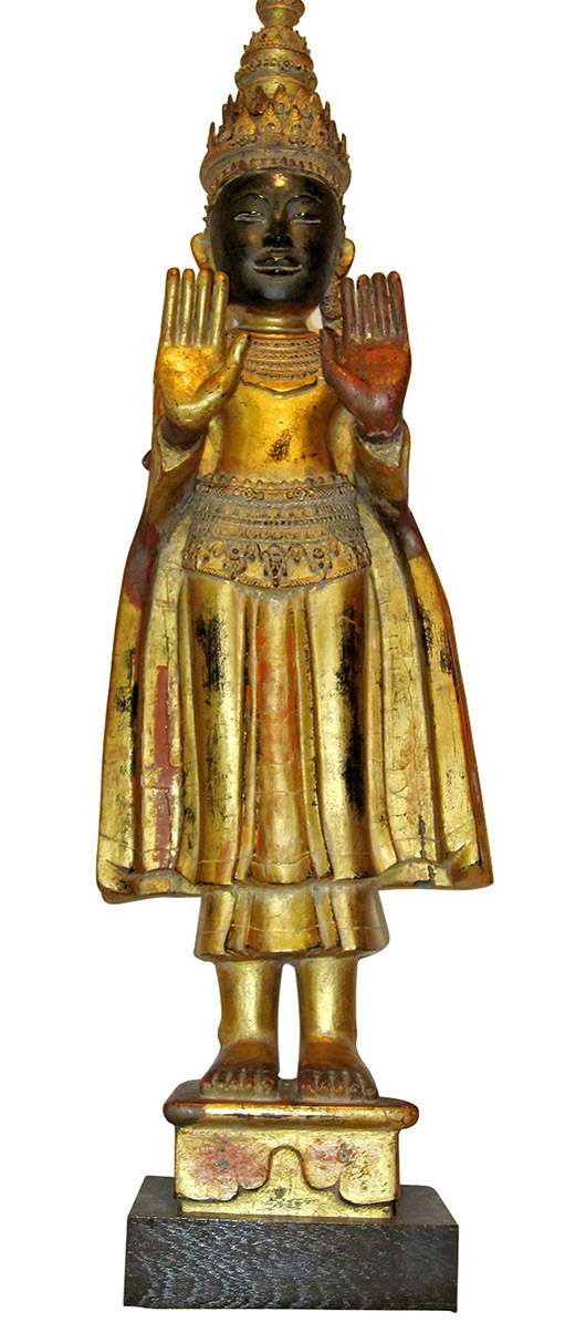 Gilt, painted and carved wood standing Buddha. Estimate: $250-$350. Image courtesy of Lofty.